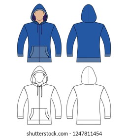 Hoodie zip fastener man template (front, back views), vector illustration isolated on white background