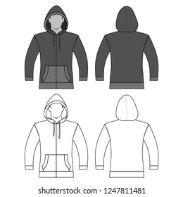 Hoodie zip fastener man template (front, back views), vector illustration isolated on white background