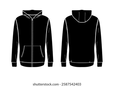  Hoodie with zipper, back and front - vector illustration, template, mockup