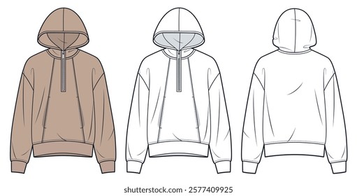 Hoodie with Zipper Detail technical fashion illustration. Sweatshirt fashion technical drawing template, pockets, ribbed hem, relaxed fit, front, back view, white, mocha, women, men, unisex CAD mockup