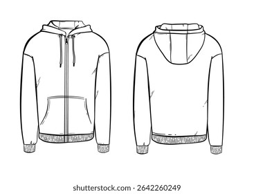  hoodie with zipper, front and back – vector illustration, template, mockup