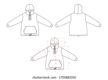 Hoodie with zipper and kangaroo pocket, flat sketch, front and back views, with measurements
