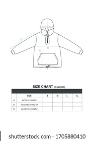Hoodie and zipper   kangaroo pocket  line sketch   size chart