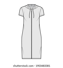 Hoodie zip-up dress technical fashion illustration with short sleeves, knee length, oversized body, Pencil fullness. Flat apparel template front, grey color. Women, men, unisex CAD mockup