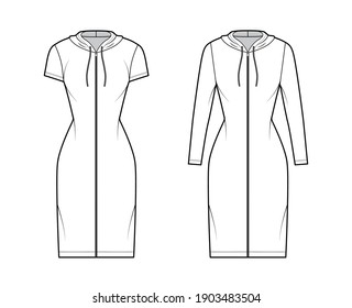 Hoodie zip-up dress technical fashion illustration with long, short sleeves, knee, mini length, fitted body, Pencil fullness. Flat apparel template front, white color. Women, men, unisex CAD mockup