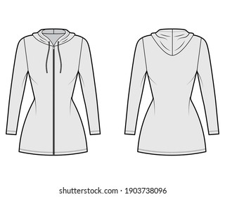 Hoodie zip  up dress technical fashion illustration and long sleeves  mini length  fitted body  Pencil fullness  Flat apparel template front  back  grey color  Women  men  unisex CAD mockup