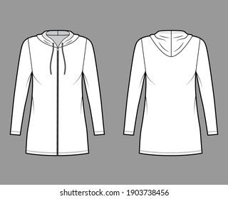 Hoodie zip  up dress technical fashion illustration and long sleeves  mini length  oversized body  Pencil fullness  Flat apparel template front  back  white color  Women  men  unisex CAD mockup