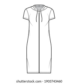 Hoodie zip-up dress technical fashion illustration with short sleeves, knee length, oversized body, Pencil fullness. Flat apparel template front, white color. Women, men, unisex CAD mockup