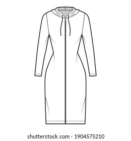 Hoodie zip  up dress technical fashion illustration and long sleeves  knee  mini length  fitted body  Pencil fullness  Flat apparel template front  white color  Women  men  unisex CAD mockup