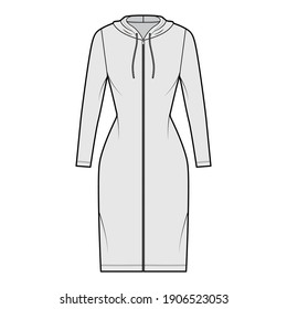 Hoodie zip  up dress technical fashion illustration and long sleeves  knee  mini length  fitted body  Pencil fullness  Flat apparel template front  grey color  Women  men  unisex CAD mockup