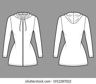 Hoodie zip-up dress technical fashion illustration with long sleeves, mini length, fitted body, Pencil fullness. Flat apparel template front, back, white color. Women, men, unisex CAD mockup
