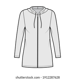 Hoodie zip-up dress technical fashion illustration with long sleeves, mini length, oversized body, Pencil fullness. Flat apparel template front, grey color. Women, men, unisex CAD mockup