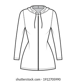 Hoodie zip  up dress technical fashion illustration and long sleeves  mini length  fitted body  Pencil fullness  Flat apparel template front  white color  Women  men  unisex CAD mockup