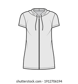 Hoodie zip  up dress technical fashion illustration and short sleeves  mini length  oversized body  Pencil fullness  Flat apparel template front  grey color  Women  men  unisex CAD mockup