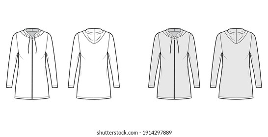 Hoodie zip  up dress technical fashion illustration and long sleeves  mini length  oversized body  Pencil fullness  Flat apparel template front  back  white  grey color  Women  men  unisex CAD mockup