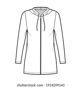 Hoodie zip  up dress technical fashion illustration and long sleeves  mini length  oversized body  Pencil fullness  Flat apparel template front  white color  Women  men  unisex CAD mockup