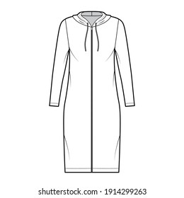Hoodie zip  up dress technical fashion illustration and long sleeves  knee length  oversized body  Pencil fullness  Flat apparel template front  white color  Women  men  unisex CAD mockup