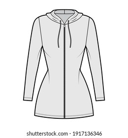 Hoodie zip  up dress technical fashion illustration and long sleeves  mini length  fitted body  Pencil fullness  Flat apparel template front  grey color  Women  men  unisex CAD mockup