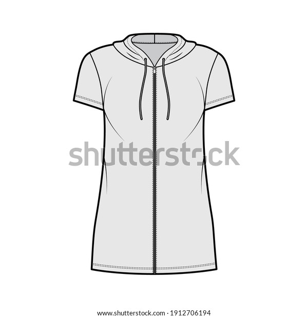 Hoodie\
zip-up dress technical fashion illustration with short sleeves,\
mini length, oversized body, Pencil fullness. Flat apparel template\
front, grey color. Women, men, unisex CAD\
mockup