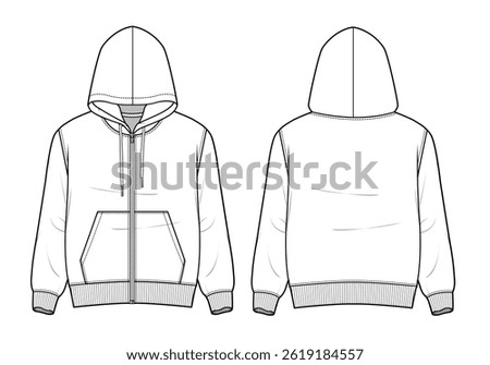 Hoodies front and back view design technical flat sketch vector mockup template.
