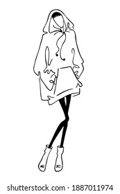 Hoodies. A girl in a loose hoodie. Hand drawing. Black and white.