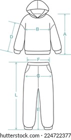 Hoodies and joggers. The scheme of measuring the size of hoodies and joggers trousers. Contour line hoodie. Line hoodies. Hoodie badge. The jacket icon. Determine the size of the clothes. Clothes. 