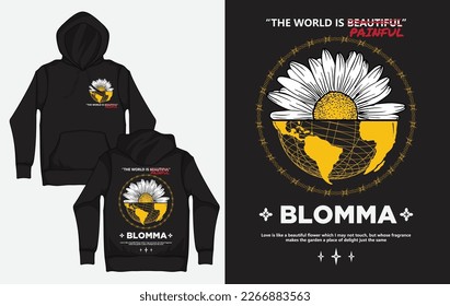 Hoodies with Retro Streetwear Design, Painful World, Swedish Translation : "Flower"