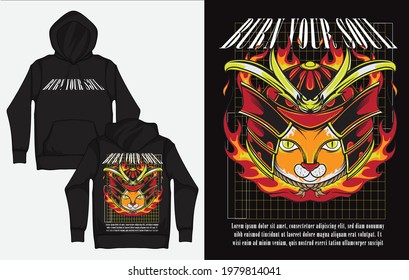 Hoodies with Retro Streetwear Design, Samurai Cat, Buring Soul