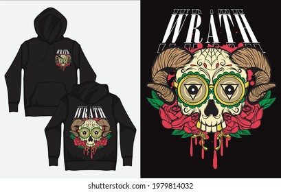 Hoodies with Retro Streetwear Design, Skull Horn, Wrath