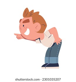 Hoodlum boy with evil smile mocking at someone pointing with his finger, bad child behavior, school bullying cartoon vector