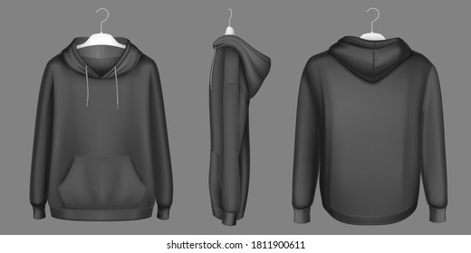 Hoody, sudadera negra en la percha se burlan de la vista frontal, lateral y trasera. Mangas largas aisladas, bolsillo de barro canguro y cuerdas levadizas. Deportes, ropa urbana casual, burla realista 3d vectorial