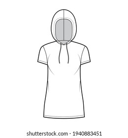 Hoody dress technical fashion illustration with short sleeves, mini length, oversized body, Pencil fullness. Flat sweater top apparel template front, white color. Women, men, unisex CAD mockup