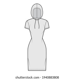 Hoody dress technical fashion illustration with short sleeves, knee length, fitted body, Pencil fullness. Flat apparel sweater template front, grey color style. Women, men, unisex CAD mockup