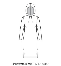 Hoody dress technical fashion illustration with long sleeves, knee length, oversized body, Pencil fullness. Flat sweater apparel template front, white color style. Women, men, unisex CAD mockup
