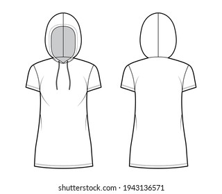 Hoody dress technical fashion illustration with short sleeves, mini length, oversized body, Pencil fullness. Flat sweater top apparel template front, back, white color. Women, men, unisex CAD mockup