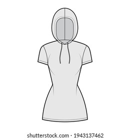 Hoody dress technical fashion illustration with short sleeves, mini length, fitted body, Pencil fullness. Flat sweater apparel template front, grey color style. Women, men, unisex CAD mockup