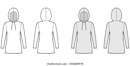 Hoody dress technical fashion illustration with long sleeves, mini length, oversized body, Pencil fullness. Flat sweater apparel template front, back, white, grey color. Women, men, unisex CAD mockup