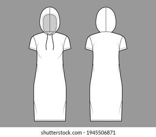 Hoody dress technical fashion illustration with short sleeves, knee length, oversized body, Pencil fullness. Flat sweater apparel template front, back, white color style. Women, men, unisex CAD mockup