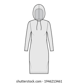 Hoody dress technical fashion illustration with long sleeves, knee length, oversized body, Pencil fullness. Flat sweater apparel template front, grey color style. Women, men, unisex CAD mockup