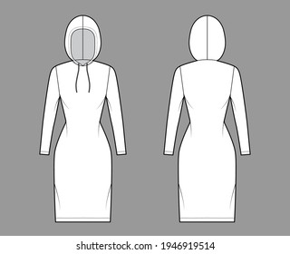 Hoody dress technical fashion illustration with long sleeves, knee length, fitted body, Pencil fullness. Flat apparel sweater template front, back, white color style. Women, men, unisex CAD mockup