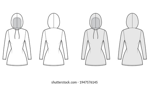 Hoody dress technical fashion illustration with long sleeves, mini length, fitted body, Pencil fullness. Flat apparel sweater template front, back, white, grey color style. Women men unisex CAD mockup