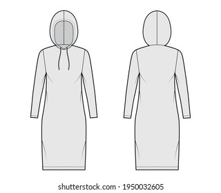 Hoody dress technical fashion illustration with long sleeves, knee length, oversized body, Pencil fullness. Flat sweater apparel template front, back, grey color style. Women, men, unisex CAD mockup