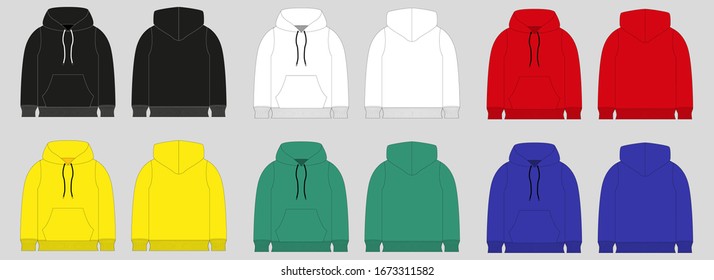 Hoody with a long sleeve and a round neck. Clothing for women and men. Set of colored unisex hoodie with hood. Rear and front view. Basic casual clothing and sports. oversize clothes. Vector illustrat