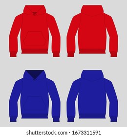 Hoody mit einem langen Ärmel und einem runden Hals. Kleidung für Frauen und Männer. Farbige Unisex-Kapuze mit Kapuze. Rückseite und Vorderansicht. Grundlegende Freizeitkleidung und Sport. übergroße Kleidung. Vektorillustration