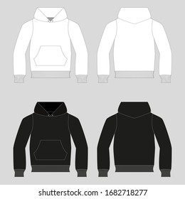 Hoody with a long sleeve and a round neck. Clothing for women and men. Set of colored unisex hoodie with hood. Rear and front view. Basic casual clothing and sports. oversize clothes. Vector illustrat