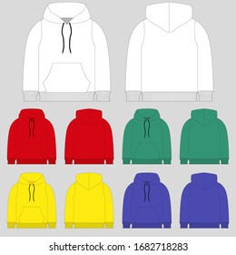 Hoody with a long sleeve and a round neck. Clothing for women and men. Set of colored unisex hoodie with hood. Rear and front view. Basic casual clothing and sports. oversize clothes. Vector illustrat