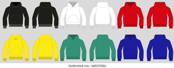 Hoody with a long sleeve and a round neck. Clothing for women and men. Set of colored unisex hoodie with hood. Rear and front view. Basic casual clothing and sports. oversize clothes. Vector illustrat