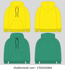 Hoody with a long sleeve and a round neck. Clothing for women and men. Set of colored unisex hoodie with hood. Rear and front view. Basic casual clothing and sports. oversize clothes. Vector illustrat