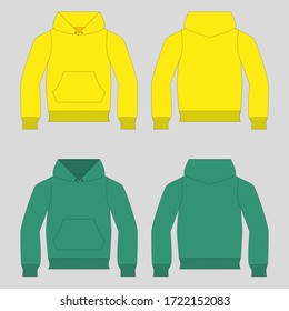 Hoody with a long sleeve and a round neck. Clothing for women and men. Set of colored unisex hoodie with hood. Rear and front view. Basic casual clothing and sports. oversize clothes. Vector illustrat