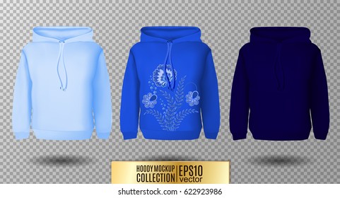 Hoody set. Realistic mockup. Long sleeve hoody template on transparent background. Light, normal and dark blue version.